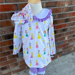 Purple and White Princess Print Matching Set with Ruffled Collar